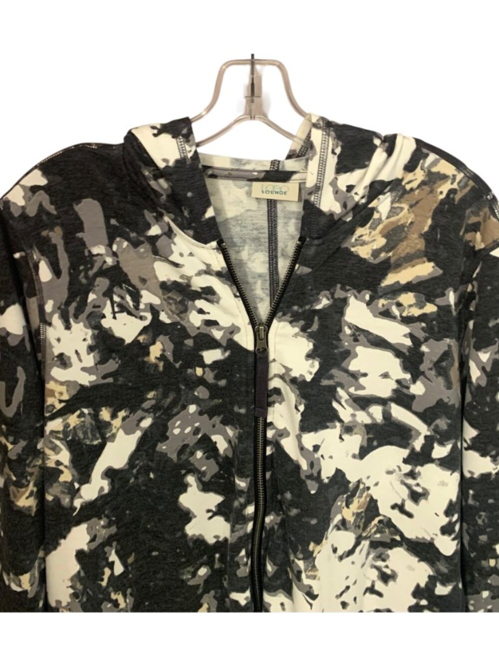 LOGO LOUNGE by Lori Goldstein Gray + White Camo Print Hooded Zip-Up Jacket 1X - Picture 2 of 8
